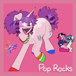 Size: 2000x2000 | Tagged: safe, artist:orionofthestars, imported from derpibooru, dj pon-3, pinkie pie, vinyl scratch, oc, oc:pop rocks, earth pony, pony, unicorn, female, magical lesbian spawn, offspring, parent:pinkie pie, parent:vinyl scratch, parents:vinylpie, trio