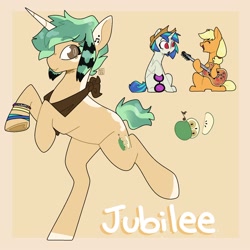 Size: 2000x2000 | Tagged: safe, artist:orionofthestars, imported from derpibooru, applejack, dj pon-3, vinyl scratch, oc, oc:jubilee, earth pony, pony, unicorn, female, guitar, lesbian, magical lesbian spawn, male, musical instrument, offspring, parent:applejack, parent:vinyl scratch, parents:vinyljack, shipping, trio, vinyljack