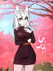 Size: 2216x3000 | Tagged: safe, artist:kutoshi, imported from derpibooru, anthro, advertisement, cherry blossoms, clothes, commission, dress, female, flower, flower blossom, looking at you, ych sketch, your character here