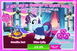 Size: 1962x1298 | Tagged: safe, imported from derpibooru, rarity, pony, unicorn, advertisement, clothes, costs real money, dress, english, female, gameloft, horn, mannequin, mare, mobile game, my little pony: magic princess, numbers, official, older, older rarity, sale, solo, text