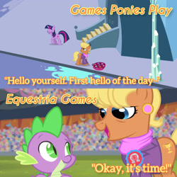 Size: 3072x3072 | Tagged: safe, edit, edited screencap, editor:itsmgh1203, imported from derpibooru, screencap, ms. harshwhinny, spike, twilight sparkle, dragon, earth pony, pony, unicorn, equestria games (episode), games ponies play, season 3, season 4, crystal empire, eyes closed, female, mare, open mouth, open smile, puddle, smiling, text, trio, unicorn twilight