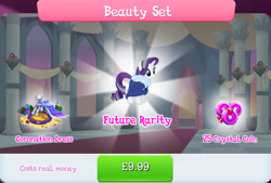 Size: 1268x858 | Tagged: safe, imported from derpibooru, rarity, pony, unicorn, bundle, clothes, costs real money, dress, english, female, gameloft, horn, mannequin, mare, mobile game, my little pony: magic princess, numbers, official, older, older rarity, sale, solo, text