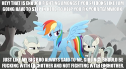 Size: 2160x1191 | Tagged: safe, anonymous editor, edit, edited screencap, imported from derpibooru, screencap, barley barrel, pickle barrel, rainbow dash, pegasus, pony, rainbow roadtrip, angry, annoyed, barrel twins, barrelcest, beanie, blank flank, brother, brother and sister, caption, closed mouth, clothes, cloud, colt, cute, dialogue, discovery family, discovery family logo, exclamation point, eyebrows, eyelashes, eyes open, family, female, filly, flower, foal, freckles, g4, gray, gritted teeth, hat, hill, hoodie, image macro, imminent foalcon, imminent impregnation, imminent incest, imminent sex, impact font, implied foalcon, implied incest, implied sex, implied shipping, incest, logo, looking, looking at each other, looking at someone, male, mare, nostrils, open mouth, outdoors, shipping, shirt, siblings, sister, spread wings, straight, symbol, t-shirt, talking, teeth, text, text edit, this will end in pregnancy, tree, twincest, twins, vulgar, wall of tags, wings