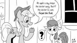 Size: 1200x675 | Tagged: safe, artist:pony-berserker, imported from derpibooru, apple bloom, applejack, apple, food, pony-berserker's twitter sketches, pony-berserker's twitter sketches (2023), rhyme, sketch, sweet apple acres