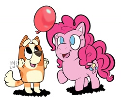 Size: 1638x1390 | Tagged: safe, artist:amynewblue, imported from derpibooru, pinkie pie, australian cattle dog, balloon, bingo heeler, bluey, happy, keepy uppy, open mouth, playing, simple background, that pony sure does love balloons, white background