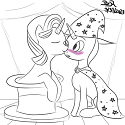 Size: 1000x1000 | Tagged: safe, artist:bifrose, imported from derpibooru, starlight glimmer, trixie, unicorn, blushing, cheek kiss, hat, kissing, magic trick, stage