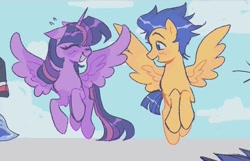 Size: 1061x682 | Tagged: safe, artist:dulcesilly, imported from derpibooru, flash sentry, twilight sparkle, alicorn, pegasus, pony, duo, duo male and female, female, flashlight, flying, male, mare, shipping, smiling, stallion, straight, twilight sparkle (alicorn)