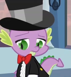 Size: 1494x1620 | Tagged: safe, imported from derpibooru, screencap, spike, dragon, a canterlot wedding, ashamed, bowtie, canterlot, canterlot castle, clothes, conflict, cropped, disappointed, disappointment, feeling down, force field, hat, royal wedding, ruffled shirt, solo, suit, tailcoat, top hat, tuxedo, wedding