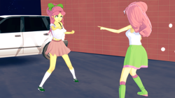 Size: 1920x1080 | Tagged: safe, artist:phoenixflambe, imported from derpibooru, fluttershy, human, equestria girls, 3d, car, clothes, crossover, duo, duo female, equestria girls-ified, female, g5, g5 to equestria girls, generation leap, generational ponidox, koikatsu, marvel, meme, pointing, posey bloom, shoes, skirt, socks, spider-man, spider-man points at spider-man