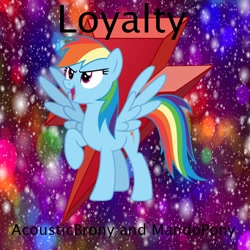 Size: 900x900 | Tagged: safe, artist:mandopony, artist:user15432, imported from derpibooru, part of a set, rainbow dash, pegasus, pony, bokeh, element of loyalty, gradient background, loyalty, open mouth, open smile, rainbow background, raised hoof, smiling, solo, sparkles, sparkly background