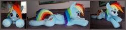 Size: 5324x1308 | Tagged: safe, artist:calusariac, imported from derpibooru, rainbow dash, pegasus, pony, folded wings, irl, life size, lying down, multiple views, photo, plushie, prone, side view, solo, wings