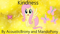 Size: 1920x1080 | Tagged: safe, artist:mandopony, artist:user15432, imported from derpibooru, fluttershy, pegasus, pony, bokeh, element of kindness, gradient background, kindness, looking at you, open mouth, simple background, smiling, solo, sparkles, sparkly background, yellow background