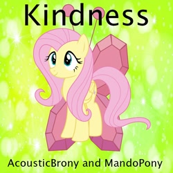 Size: 900x900 | Tagged: safe, artist:mandopony, artist:user15432, imported from derpibooru, fluttershy, pegasus, pony, album, album cover, bokeh, element of kindness, gradient background, green background, kindness, simple background, smiling, solo, sparkles, sparkly background