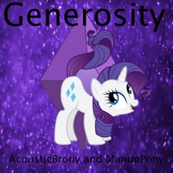 Size: 900x900 | Tagged: safe, artist:mandopony, artist:user15432, imported from derpibooru, rarity, pony, unicorn, album, album cover, bokeh, element of generosity, generosity, gradient background, open mouth, purple background, simple background, smiling, solo, sparkly background, tail, tail whip