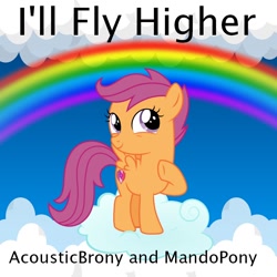 Size: 900x900 | Tagged: safe, artist:mandopony, artist:user15432, imported from derpibooru, scootaloo, pegasus, pony, album, album cover, blue sky, cloud, female, filly, foal, i'll fly higher, looking up, rainbow, sky, smiling, solo