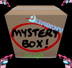 Size: 3888x3688 | Tagged: safe, artist:miky94c, derpibooru exclusive, imported from derpibooru, pinkie pie, derpibooru, among us, black background, cardboard box, logo, meta, mystery box, simple background, wat