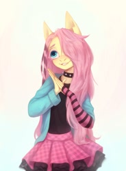 Size: 1588x2160 | Tagged: safe, artist:inarimayer, imported from derpibooru, fluttershy, anthro, abstract background, blushing, choker, clothes, cute, draw this in your style, dtiys emoflat, evening gloves, fingerless elbow gloves, fingerless gloves, gloves, gradient background, hair over one eye, hoodie, long gloves, skirt, solo, spiked choker, striped gloves, sweater, that was fast