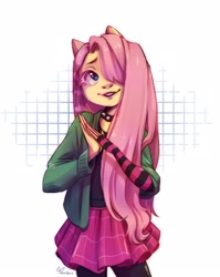 Size: 1722x2160 | Tagged: safe, artist:dinoks paradoks, imported from derpibooru, fluttershy, anthro, checkered background, choker, clothes, cute, draw this in your style, dtiys emoflat, evening gloves, fingerless elbow gloves, fingerless gloves, gloves, hair over one eye, hoodie, long gloves, signature, simple background, skirt, solo, spiked choker, striped gloves, sweater, white background