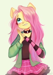 Size: 1527x2160 | Tagged: safe, artist:sofiko-ko, imported from derpibooru, fluttershy, anthro, blushing, choker, clothes, cute, draw this in your style, dtiys emoflat, evening gloves, fingerless elbow gloves, fingerless gloves, gloves, hair over one eye, hoodie, long gloves, shyabetes, signature, simple background, skirt, solo, spiked choker, striped gloves, sweater