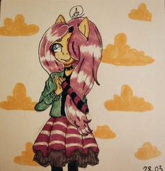 Size: 1848x1920 | Tagged: safe, artist:убежище мандаринок, imported from derpibooru, fluttershy, anthro, abstract background, blushing, choker, clothes, cloud, cute, draw this in your style, dtiys emoflat, evening gloves, fingerless elbow gloves, fingerless gloves, gloves, hair over one eye, hoodie, long gloves, signature, skirt, solo, spiked choker, striped gloves, sweater, traditional art