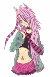 Size: 1404x2160 | Tagged: safe, artist:nai twelve, imported from derpibooru, fluttershy, anthro, belly button, belly piercing, blushing, choker, clothes, cute, draw this in your style, dtiys emoflat, evening gloves, fingerless elbow gloves, fingerless gloves, gloves, hair over one eye, hoodie, human facial structure, long gloves, piercing, signature, simple background, skirt, solo, spiked choker, spiky hair, striped gloves, sweater, thin, white background