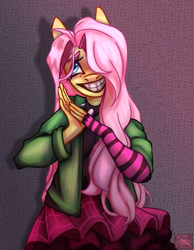 Size: 1047x1350 | Tagged: safe, artist:ghosti, imported from derpibooru, fluttershy, anthro, abstract background, awkward smile, choker, clothes, creepy, creepy smile, draw this in your style, dtiys emoflat, evening gloves, fingerless elbow gloves, fingerless gloves, gloves, hair over one eye, hoodie, long gloves, shadow, signature, simple background, skirt, smiling, solo, spiked choker, striped gloves, sweater