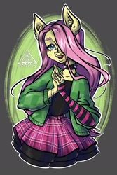 Size: 1443x2160 | Tagged: safe, artist:gigiraffe, imported from derpibooru, fluttershy, anthro, abstract background, bracelet, choker, circle background, clothes, cute, draw this in your style, dtiys emoflat, ear piercing, earring, evening gloves, fingerless elbow gloves, fingerless gloves, gloves, hair over one eye, hoodie, jewelry, long gloves, open mouth, piercing, ring, signature, simple background, skirt, solo, spiked choker, striped gloves, sweater