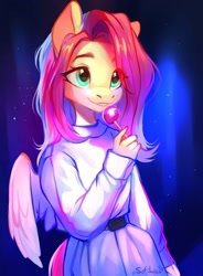 Size: 884x1200 | Tagged: safe, artist:sofiko-ko, imported from derpibooru, fluttershy, anthro, candy, clothes, draw this in your style, evening, female, food, holding, lollipop, looking away, open mouth, outdoors, pants, pullover, smiling, solo, standing, three quarter view, winged anthro, wings