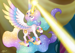 Size: 7016x4961 | Tagged: safe, artist:mesuyoru, imported from derpibooru, princess celestia, alicorn, a canterlot wedding, action pose, cloven hooves, colored wings, female, floral head wreath, flower, flowing mane, glowing, glowing horn, gradient mane, gradient wings, horn, jewelry, leonine tail, magic, magic aura, mare, screenshot redraw, solo, tail, unshorn fetlocks, wings