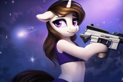 Size: 768x512 | Tagged: safe, imported from derpibooru, oc, oc only, oc:fluffymarsh, pony, unicorn, ai content, ai generated, belly, brown mane, clothes, female, food, fortnite rocket event, generator:novelai, generator:stable diffusion, gun, looking at you, mare, marshmallow, midriff, purple eyes, sexy, smiling, smiling at you, weapon