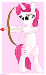 Size: 2476x4008 | Tagged: safe, artist:rainbowšpekgs, imported from derpibooru, lovestruck, pony, unicorn, arrow, belly, belly button, bipedal, bow (weapon), bow and arrow, cupid, female, solo, standing, weapon