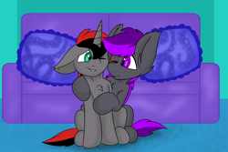 Size: 6000x4000 | Tagged: safe, artist:noblebrony317, imported from derpibooru, oc, oc:moonlight thunder, oc:shadow blade, bat pony, pony, unicorn, bat pony oc, couch, horn, hug, looking at each other, looking at someone, one eye closed, pillow, sitting, snuggling, unicorn oc