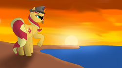 Size: 1920x1080 | Tagged: safe, artist:puginpocket, imported from derpibooru, sunset shimmer, pony, unicorn, equestria at war mod, beach, clothes, female, mare, mcarthur, military uniform, ocean, orange coat, raised hoof, red mane, seaside, skies, smoking, solo, sun, sunglasses, sunset, uniform, water, yellow mane