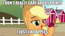 Size: 889x500 | Tagged: safe, edit, edited screencap, imported from derpibooru, screencap, applejack, earth pony, pony, the last problem, apple, apple tree, caption, female, food, image macro, mare, meme, solo, text, that pony sure does love apples, tree