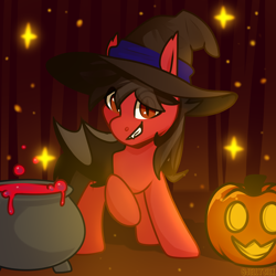 Size: 2894x2894 | Tagged: safe, artist:jellysketch, imported from derpibooru, bat pony, pony, bat wings, cauldron, commission, fall out boy, fangs, halloween, hat, holiday, jack-o-lantern, looking at you, male, partially open wings, pete wentz, ponified, pumpkin, raised hoof, slit pupils, solo, stallion, wings, witch hat, ych result