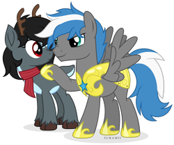 Size: 6167x5153 | Tagged: safe, artist:suramii, imported from derpibooru, oc, oc only, oc:cloud zapper, oc:gene, pegasus, pony, absurd resolution, armor, clothes, deer pomy, male, royal guard armor, scarf, simple background, stallion, transparent background