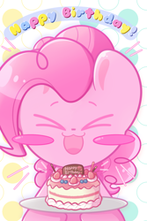 Size: 1200x1800 | Tagged: safe, artist:typhwosion, imported from derpibooru, pinkie pie, earth pony, pony, ><, birthday, birthday cake, blush sticker, blushing, cake, eyes closed, food, open mouth, open smile, smiling, solo, text
