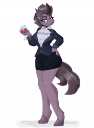 Size: 2200x2992 | Tagged: safe, artist:flutterthrash, imported from derpibooru, oc, oc only, oc:capricious, anthro, earth pony, unguligrade anthro, clothes, female, glass, jacket, simple background, skirt, solo, white background, wine glass