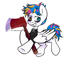 Size: 1200x1000 | Tagged: safe, artist:sadfloorlamp, imported from derpibooru, pegasus, pony, awsten knight, axe, bags under eyes, clothes, commission, dyed mane, dyed tail, grin, heterochromia, holding, horseshoes, jewelry, looking at you, male, necklace, partially open wings, ponified, shirt, shrunken pupils, simple background, smiling, solo, stallion, t-shirt, tail, transparent background, underhoof, waterparks, weapon, wings