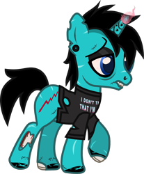 Size: 932x1124 | Tagged: safe, artist:lightningbolt, derpibooru exclusive, imported from derpibooru, pony, undead, unicorn, zombie, zombie pony, .svg available, as it is, bags under eyes, bloodshot eyes, bone, chipped tooth, clothes, colored pupils, dyed mane, dyed tail, ear piercing, earring, eyeshadow, gauges, glasgow smile, glowing, glowing horn, hair over one eye, hole in horn, hoof polish, horn, horn piercing, jewelry, lidded eyes, makeup, male, nose piercing, painted horn, patty walters, piercing, ponified, raised hoof, raised leg, scar, shirt, show accurate, simple background, solo, stallion, stitches, svg, t-shirt, tail, tattoo, torn clothes, torn ear, transparent background, vector, walking