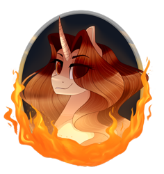 Size: 1024x1086 | Tagged: dead source, safe, artist:lolepopenon, imported from derpibooru, oc, oc only, oc:golden pen, pony, unicorn, bust, eye clipping through hair, fire, portrait, simple background, solo, transparent background