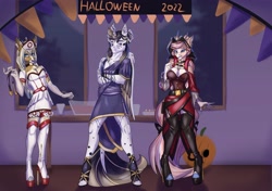 Size: 4096x2887 | Tagged: safe, artist:sugarypolecat, imported from derpibooru, oc, oc:sketch blackwing, oc:sugar polecat, anthro, unicorn, breasts, cleavage, crossdressing, female, halloween, high heels, holiday, lipstick, male, mare, nurse outfit, pumpkin, shoes, stallion, vampire costume, window