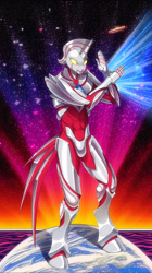Size: 1435x2568 | Tagged: safe, artist:st. oni, imported from derpibooru, anthro, robot, unguligrade anthro, unicorn, crossover, earth, glowing, glowing eyes, male, pose, solo, space, stallion, superhero, ultraman