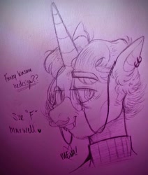 Size: 3041x3583 | Tagged: safe, artist:dsstoner, imported from ponybooru, fancypants, oc, pony, undead, unicorn, vampire, clothes, ear piercing, earring, fangs, glasses, jewelry, kinsona, male, piercing, ponysona, redesign, solo, stallion, sweater, traditional art, turtleneck