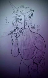 Size: 648x1040 | Tagged: safe, artist:dsstoner, imported from ponybooru, fancypants, oc, anthro, pony, undead, unicorn, vampire, cigarette, cigarette holder, clothes, jewelry, kinsona, male, ponysona, redesign, ring, smoking, solo, solo male, sweater, traditional art, turtleneck