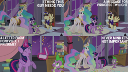 Size: 2000x1125 | Tagged: safe, edit, edited screencap, editor:quoterific, imported from derpibooru, screencap, care package, princess celestia, special delivery, spike, twilight sparkle, alicorn, dragon, pegasus, pony, princess twilight sparkle (episode), book, confetti, crown, delivery, ethereal mane, ethereal tail, eyes closed, female, frown, holding, hoof shoes, jewelry, letter, magic, mailpony, male, mare, open mouth, open smile, peytral, pointing, regalia, smiling, stallion, tail, telekinesis, twilight sparkle (alicorn)