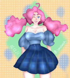 Size: 845x946 | Tagged: safe, artist:sandwech, imported from derpibooru, pinkie pie, human, alternate hairstyle, clothes, female, humanized, one eye closed, shirt, skirt, solo, wink