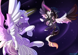 Size: 2269x1605 | Tagged: safe, artist:yuris, imported from derpibooru, oc, alicorn, pony, abstract background, alicorn oc, angry, duo, ears back, female, fight, flying, frog (hoof), horn, magic, magic aura, simple background, spread wings, trade, underhoof, wings