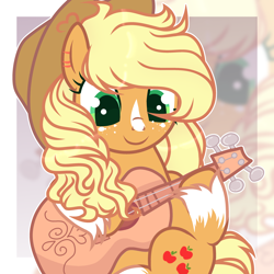 Size: 3072x3072 | Tagged: safe, artist:pritonarts, imported from derpibooru, applejack, earth pony, pony, acoustic guitar, alternate hairstyle, applejack's hat, commission, cowboy hat, cute, female, freckles, guitar, hat, jackabetes, mare, markings, musical instrument, redesign, scar, solo, unshorn fetlocks, ych result