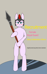Size: 1800x2800 | Tagged: safe, imported from derpibooru, oc, oc:ilya, earth pony, pony, semi-anthro, bipedal, blushing, earth pony oc, helmet, royal guard, shivering, solo, spear, weapon
